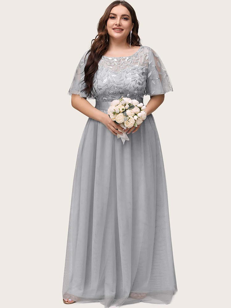 Leaf Sequin Bodice Mesh Party Dress Maxct