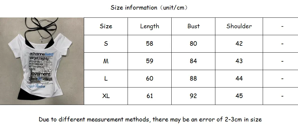 American Retro Y2K Fake Two Letter Printed T-Shirt Women Fashion Streetwear Hot Girls Slim Sexy Harajuku Millennium Casual Top