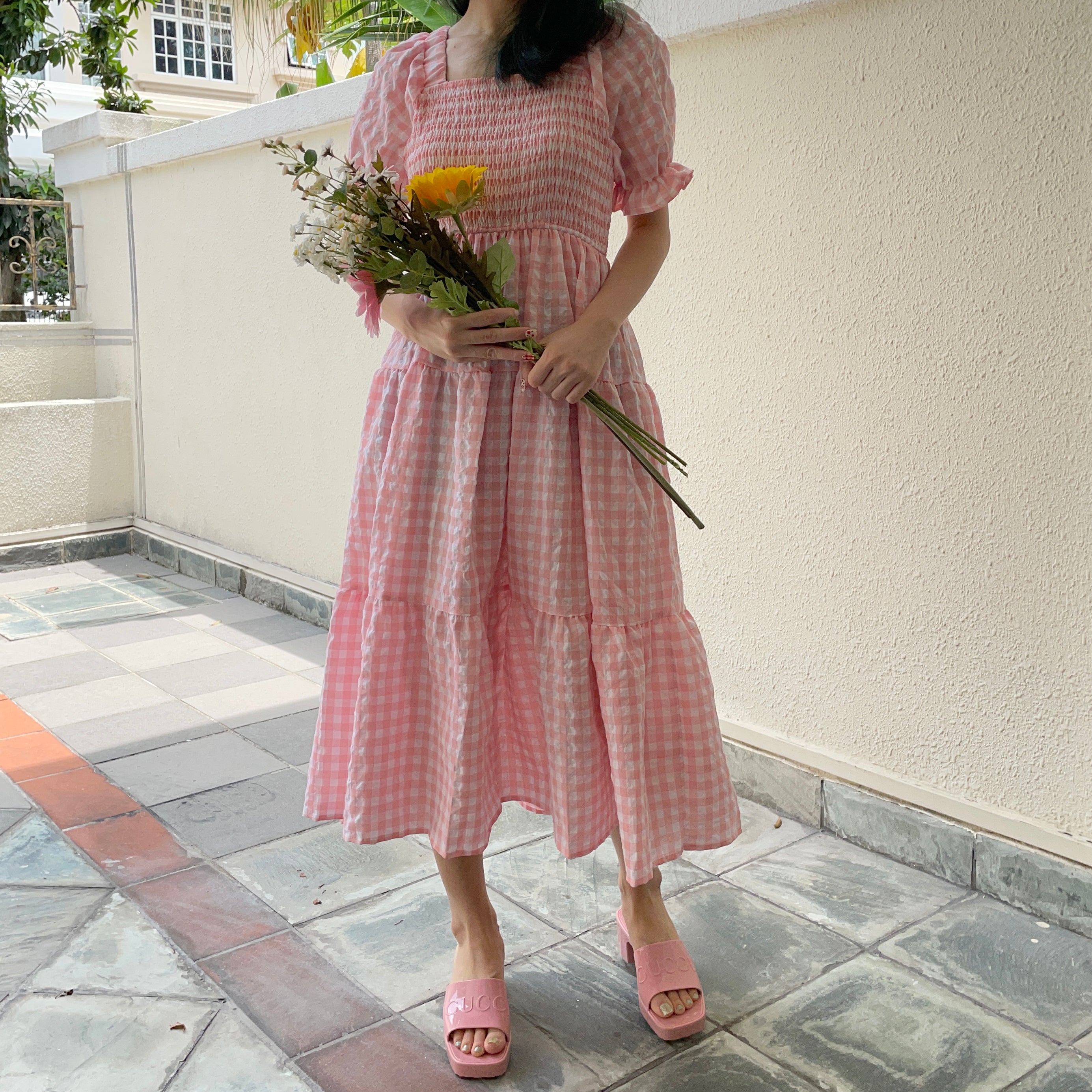 Puff Sleeve Gingham Tiered Dress Maxct