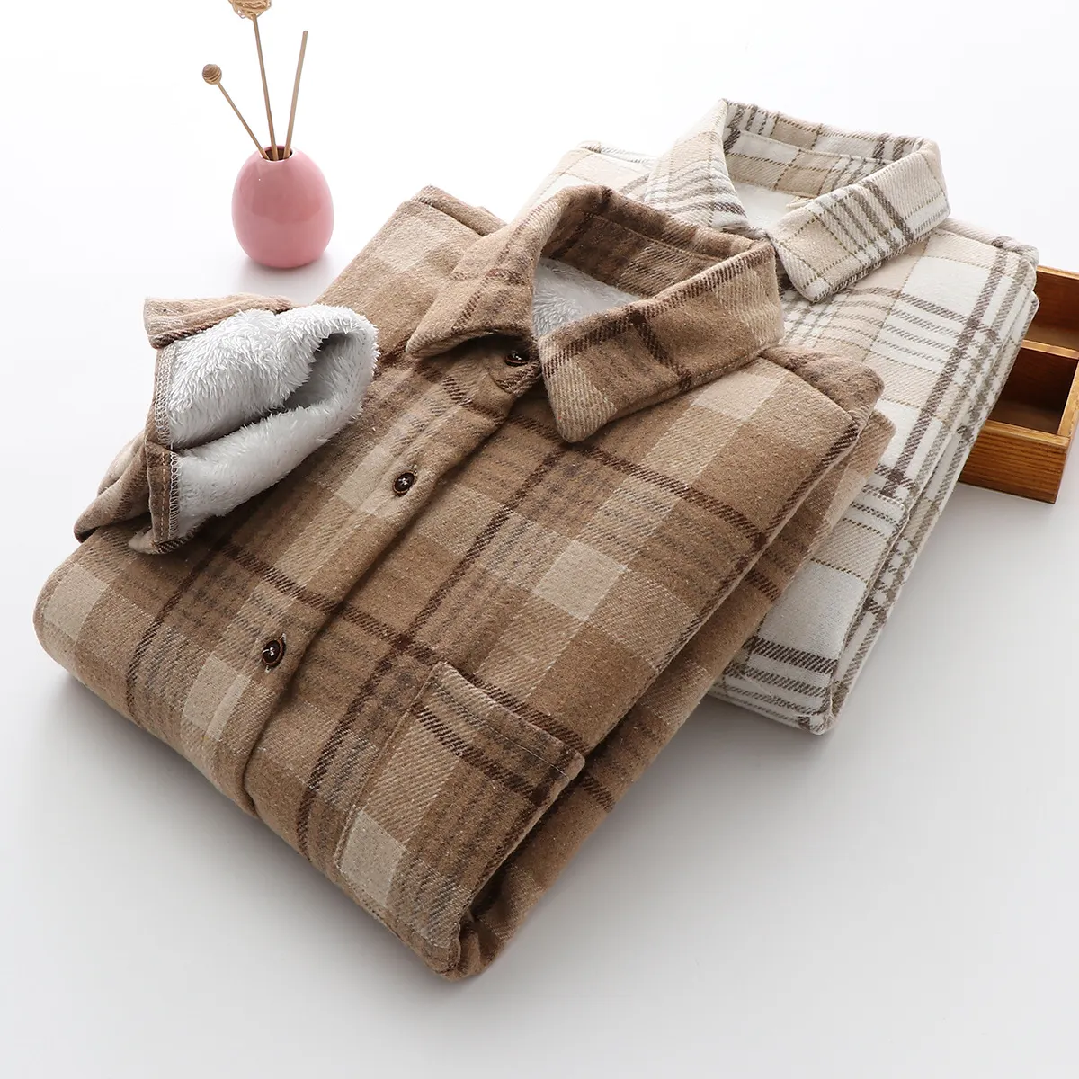 Warm Woolen Coat With Thick Plaid Shirt
