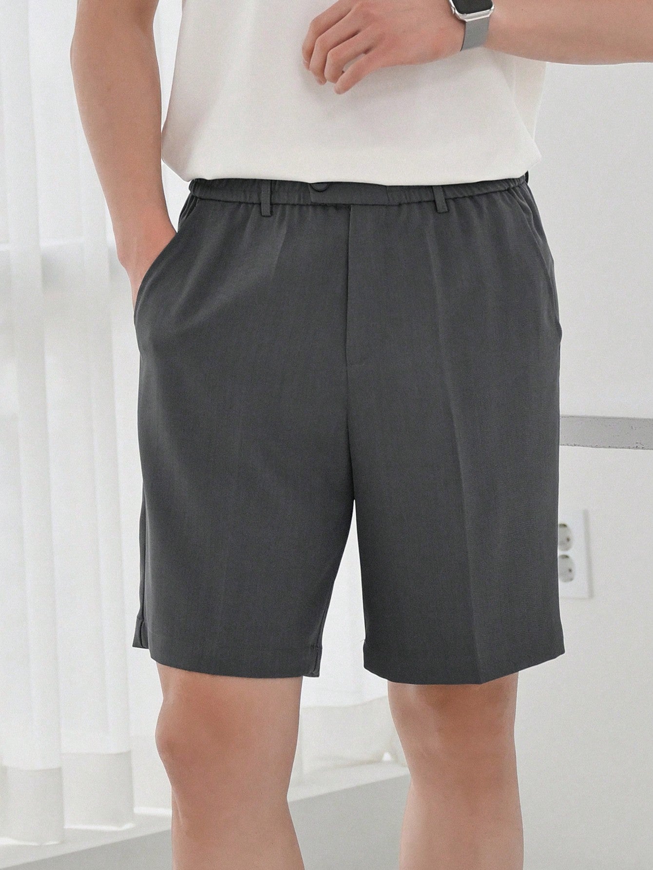 Maxct Men Solid Color Simple Casual Button Shorts, For Summer Daily Wear