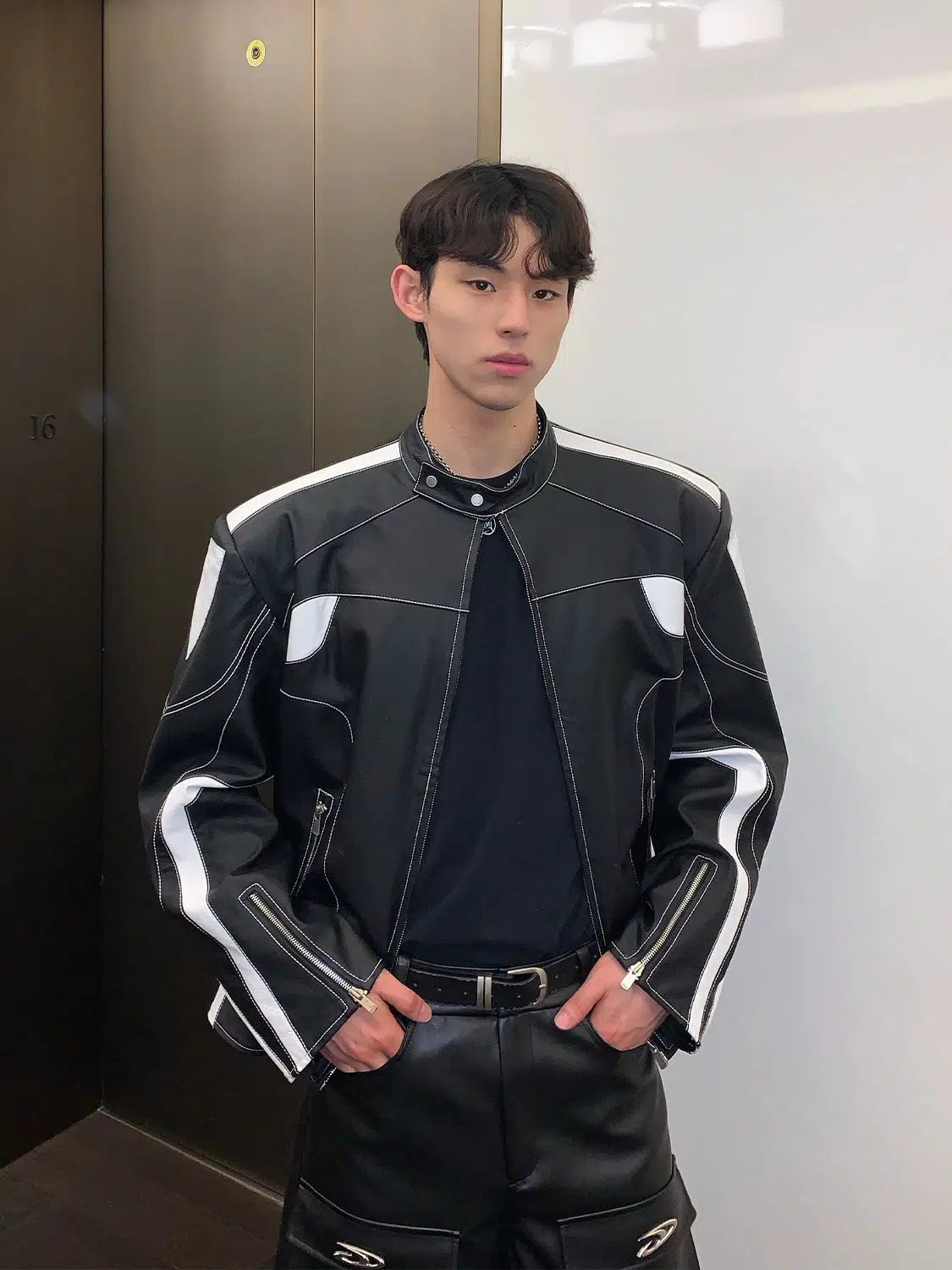Maxct Contrast Color Leather Jacket with Shoulder Pads