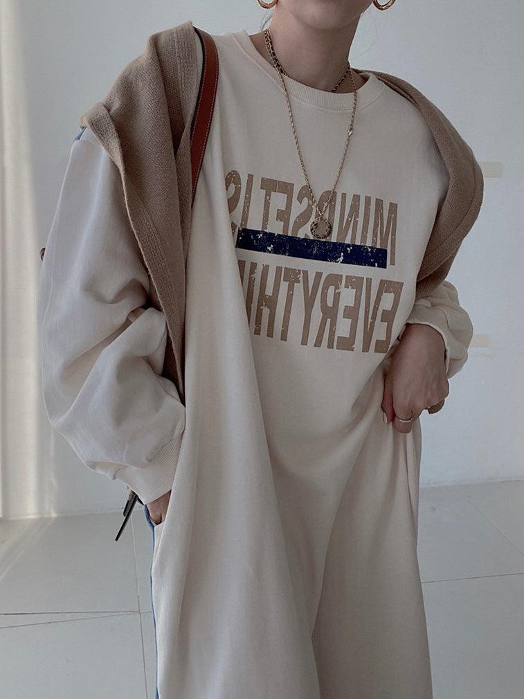 Maxct Simple Letter Print Denim Splt-joint Long Sleeve Sweatshirt Dress