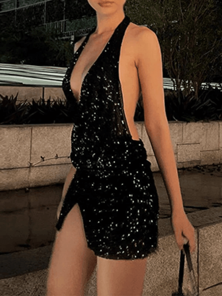 Split Sequin Halter Party Mini Dress Maxct