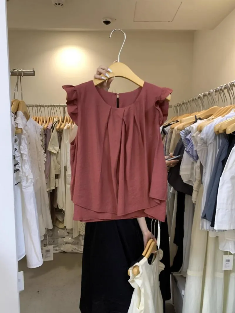 Maxct Women French Style Retro Sleeveless Solid Casual Tops Summer Thin O-neck Flying Sleeve Tender Sun-proof Office Ladies