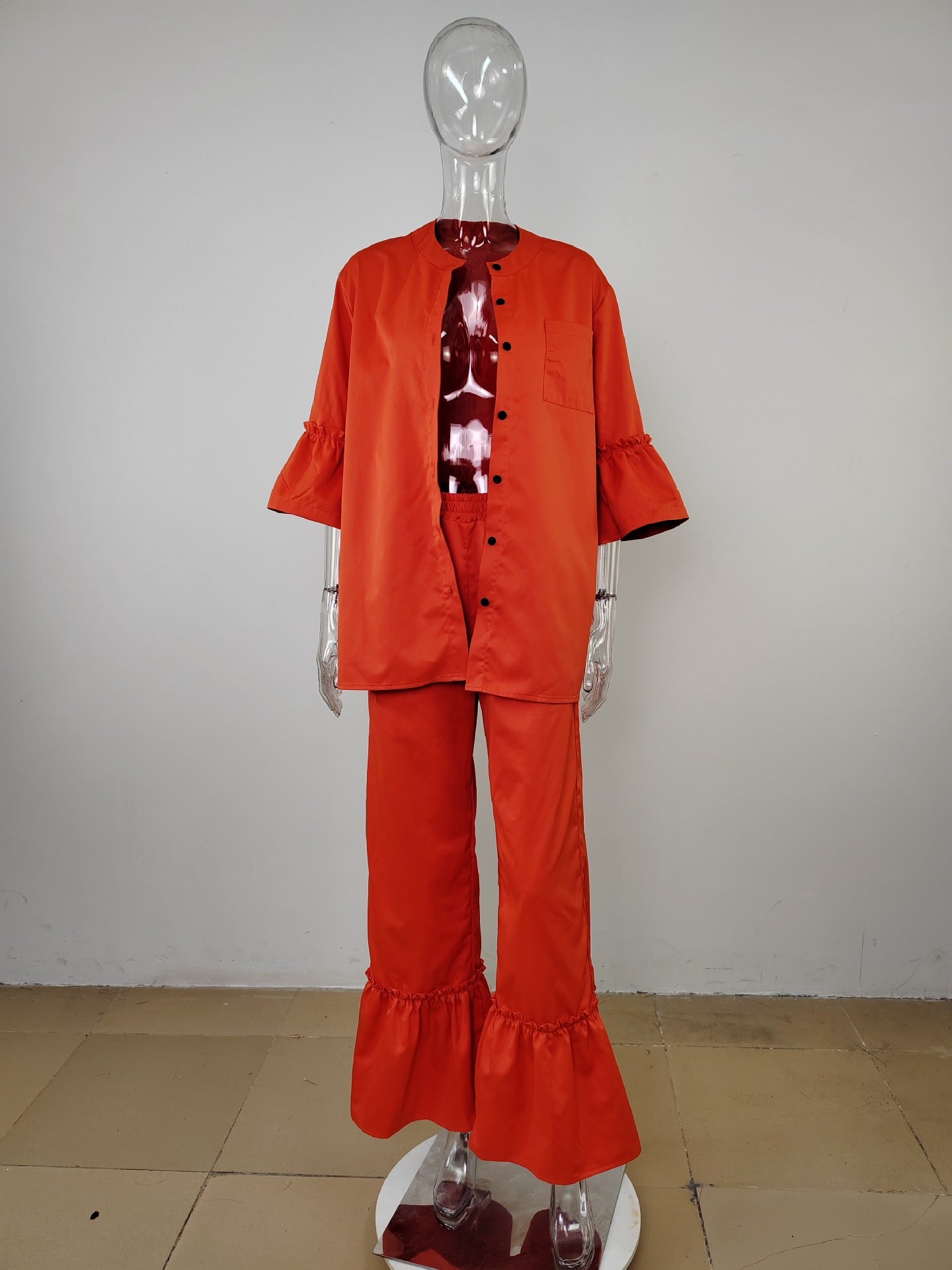 Maxct-Ruffle Half Sleeve Shirt Flares Pants Suits