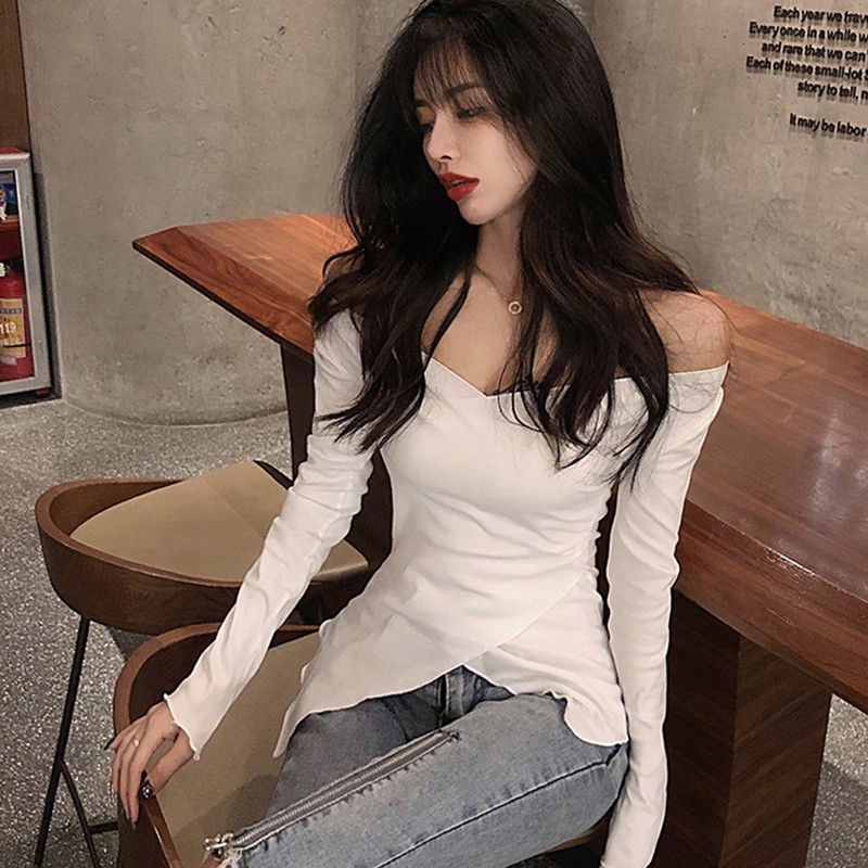 Maxct Women Sexy Slim V neck T-shirt Long Sleeve Solid Color Off Shoulder Korean Sweet Tee Tops Basic Tshirt