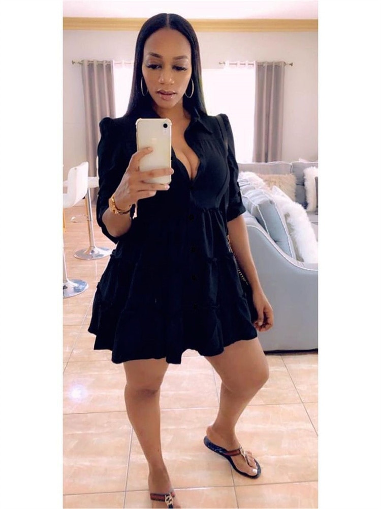 Maxct Solid Ruffles Shirt Dress Women Streetwear Half Sleeve Buttons Up High Waist Mini Dress Summer Casual Party Dresses