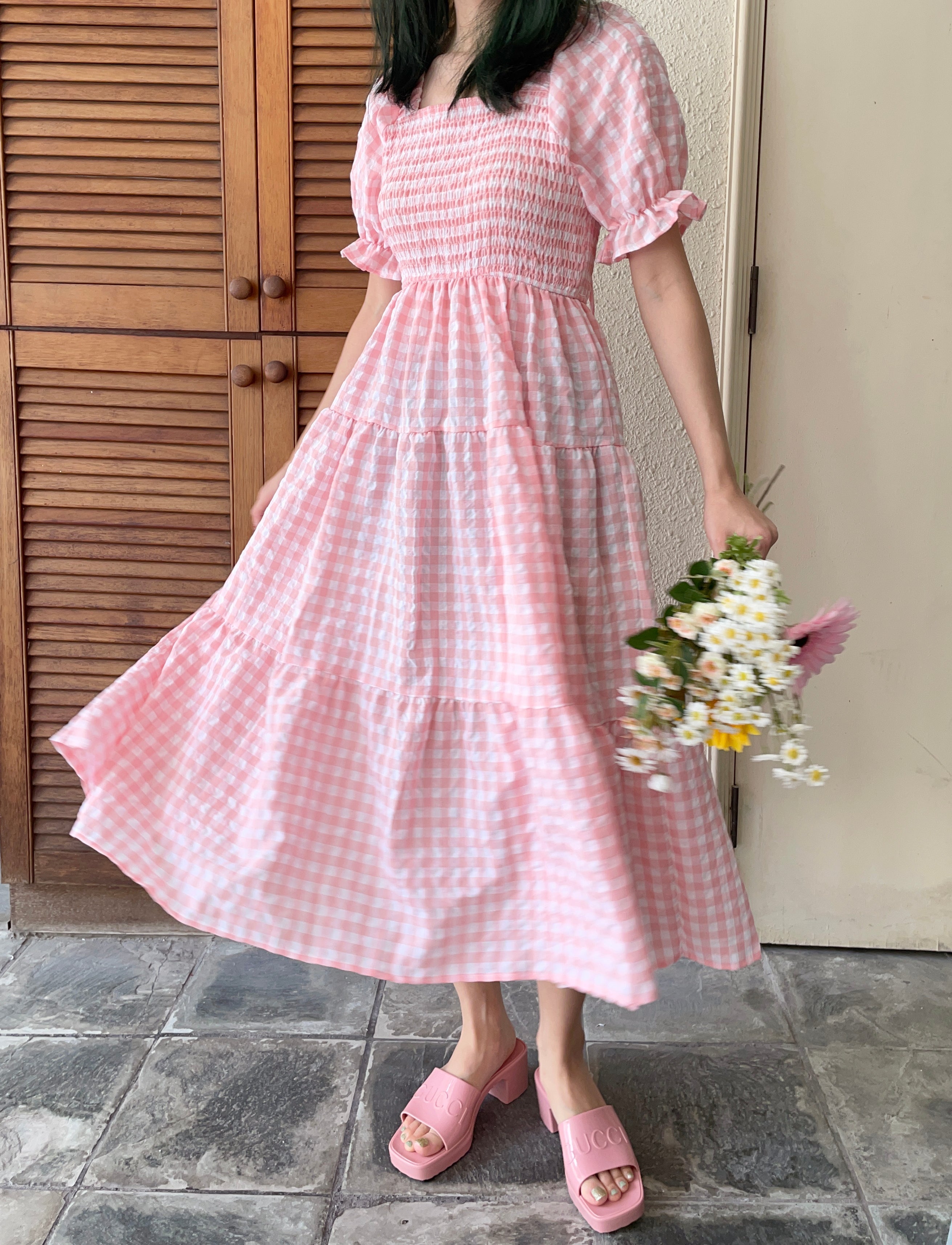 Puff Sleeve Gingham Tiered Dress Maxct