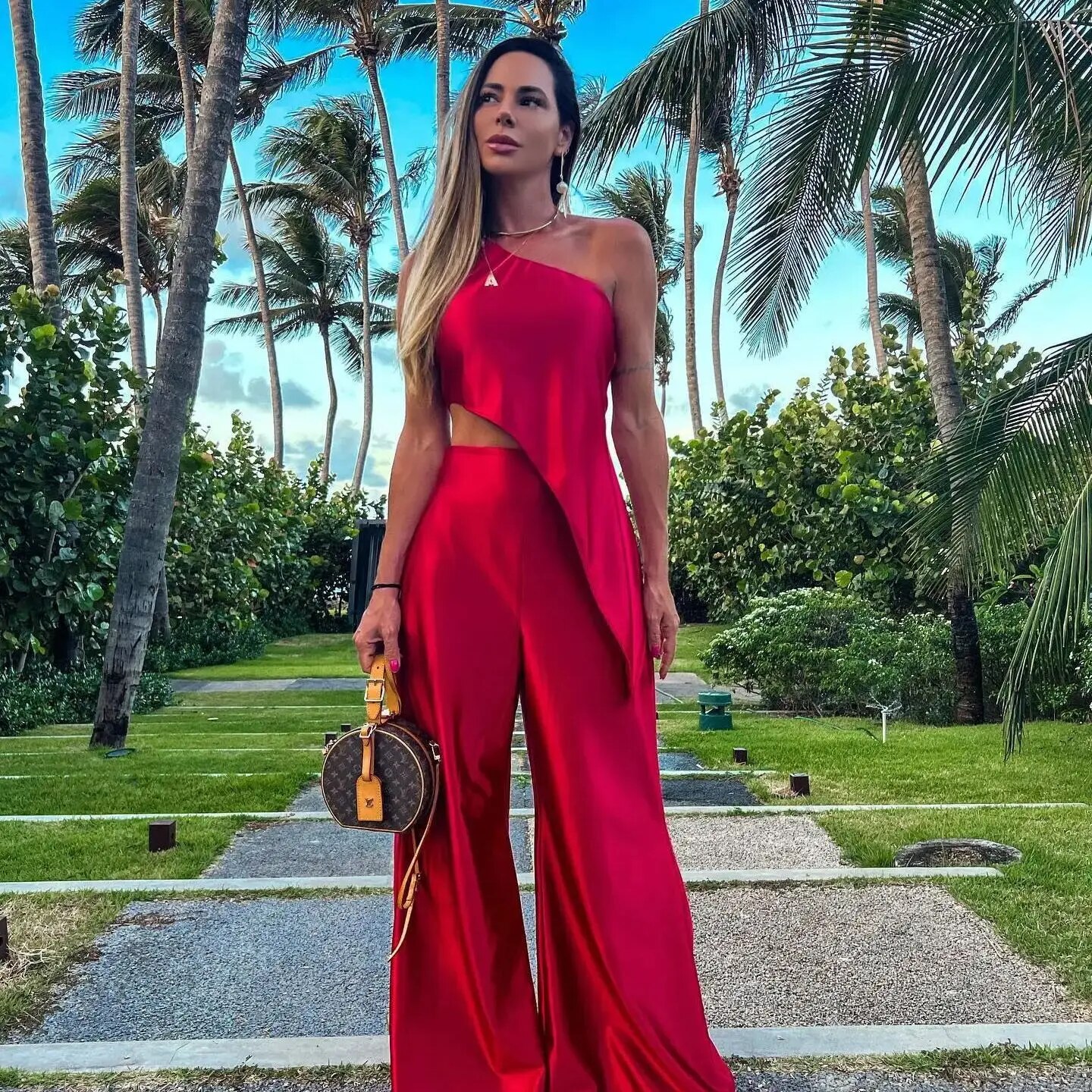 Maxct Solid Female Pant Two piece Set Skew Collar Sleeveless Top High Waist Wide Leg Pants Suit Elegant Evening Party Women Set