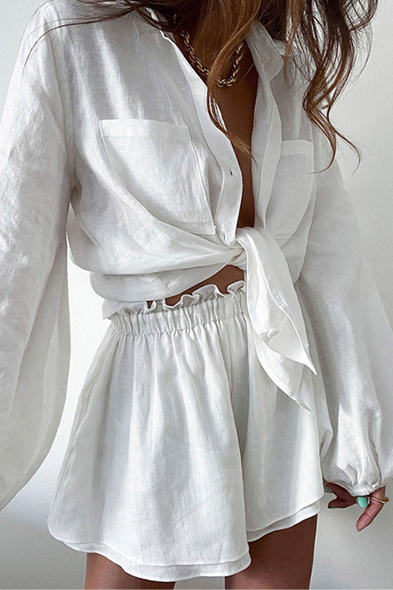 Maxct-Pocketed Solid Color Shirt Ruffle Waist Shorts Suits