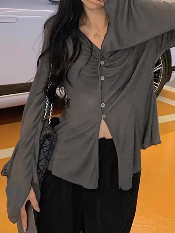 Maxct V Neck Split Flare Sleeve Long Sleeve Blouse