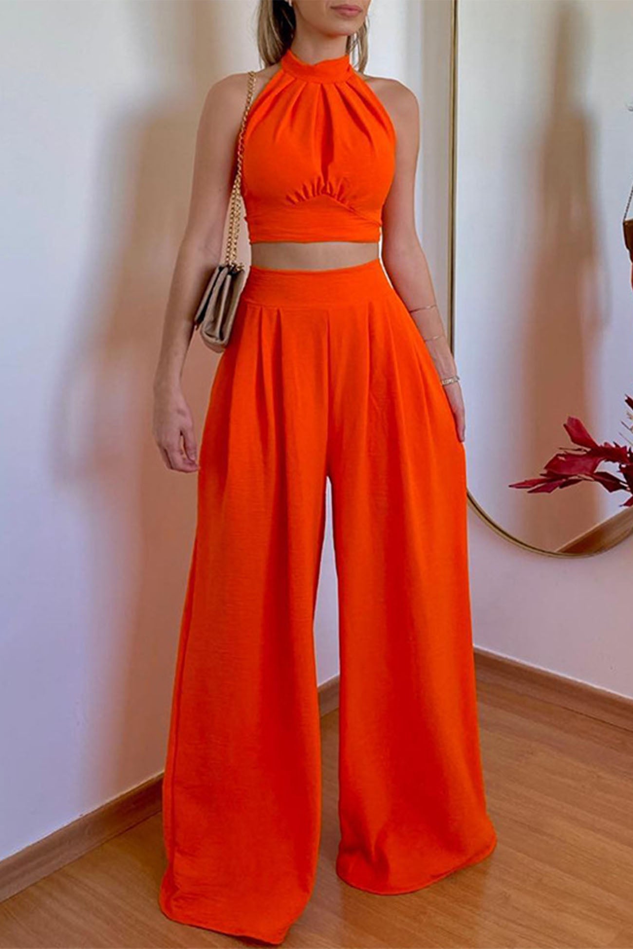 Maxct-Halterneck Backless Tie Crop Top Wide Leg Pants Set