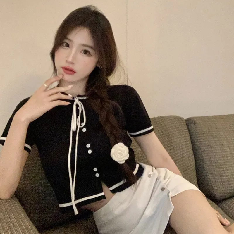 Maxct Knitted Short-sleeved Tops Crew Neck Casual Female Tee Short Coat Single-breasted Streetwear Top