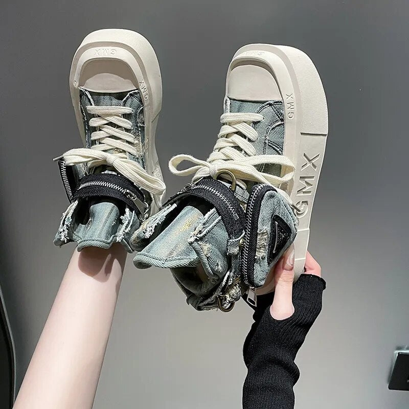 Women's Punk Gothic Denim Canvas Platform Ankle Boots Maxct