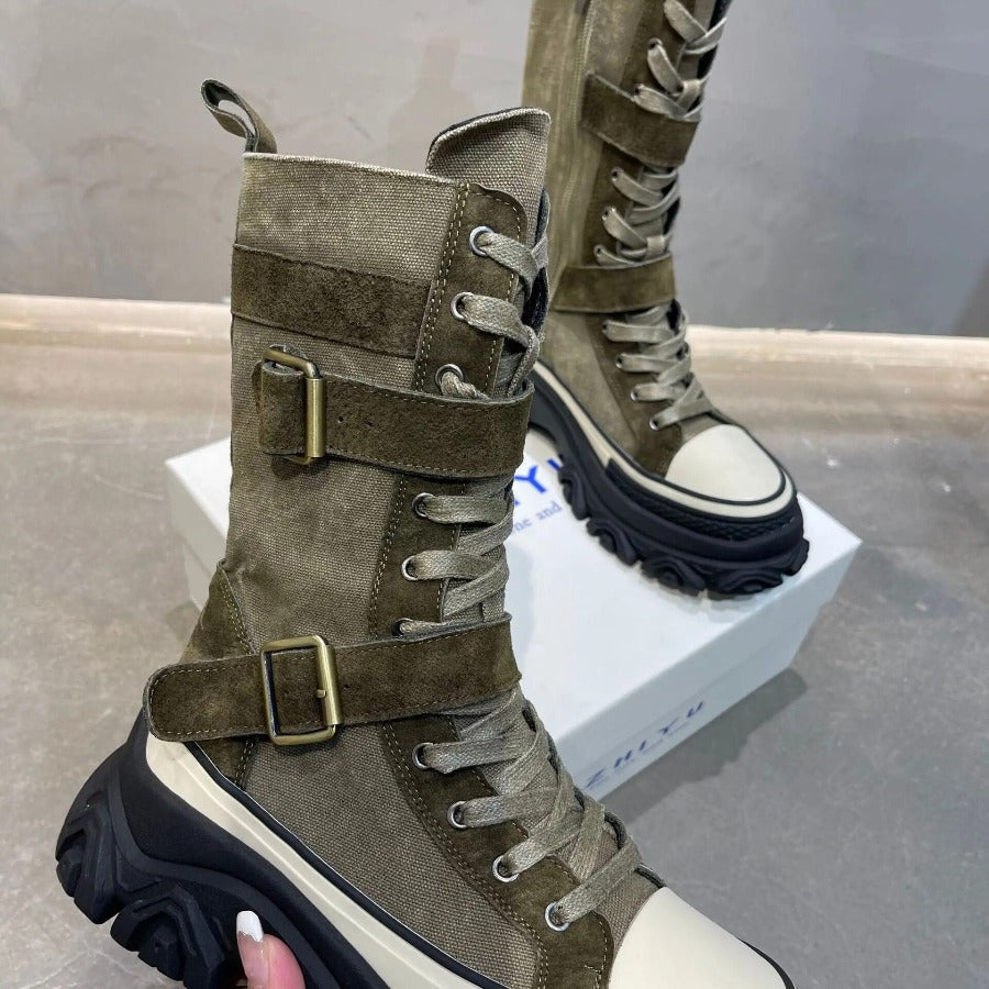 Mid Calf Length Boots - Leather Motorcycle Style for Women Maxct