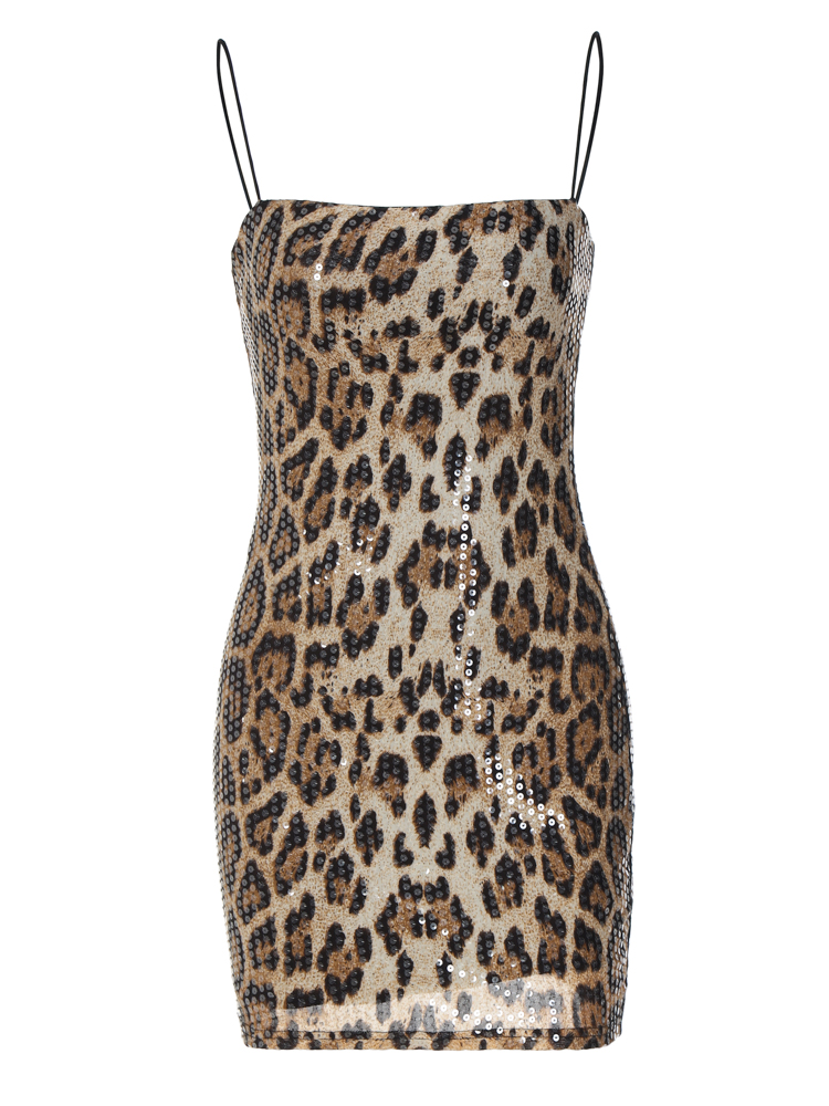 Leopard Print Spaghetti Shoulder Strap Square Collar Mini Dress Sparkly Sequins Party Club Y2K Clothes