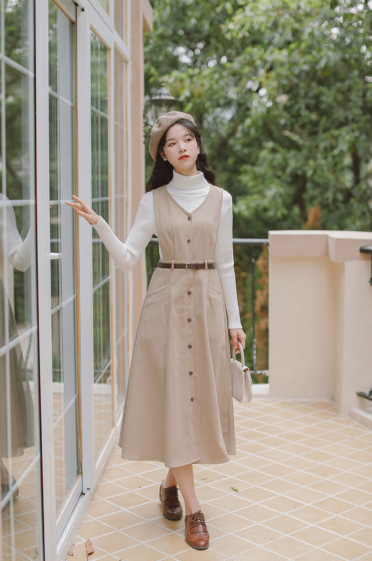Button Up Suede Pinafore Dress Maxct