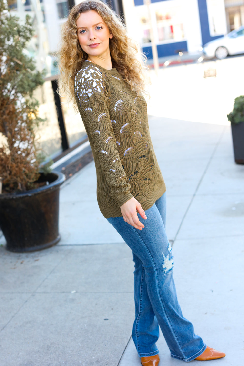 Maxct &Casual Chic Olive Pointelle Lace Shoulder Knit Sweater