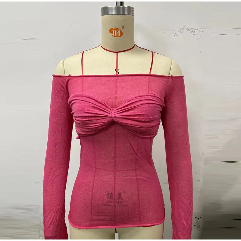 Sexy Transparent Off Shoulder Shirts Women Slim Fit Solid Perspective Thin T-Shirt Female Autumn Chic Elegant Daily Tops