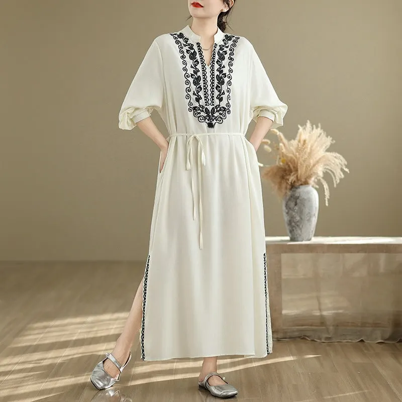 Maxct Women Spring Vintage Ethnic Embroidered Linen Maxi Dress