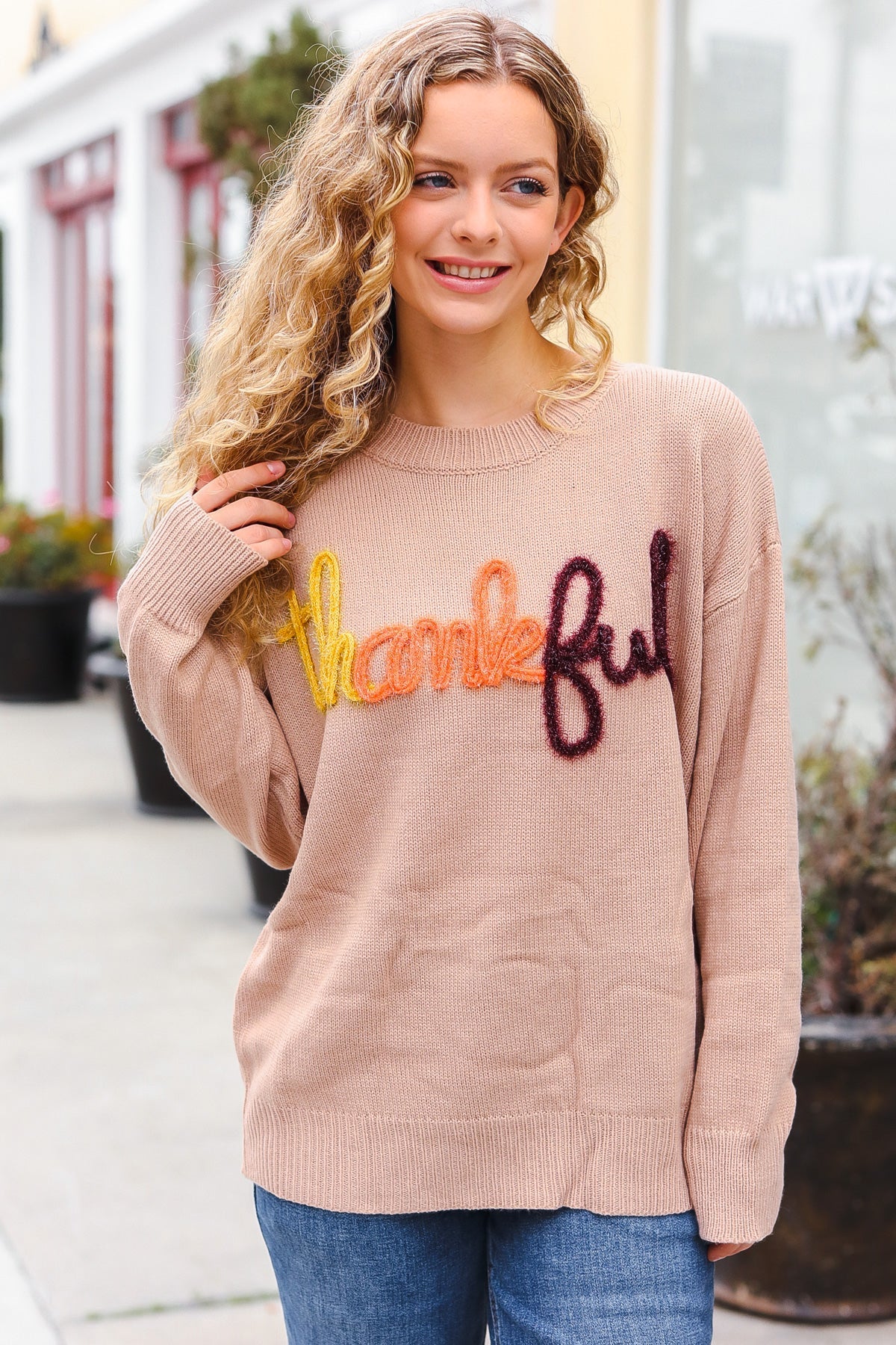 Maxct &Feeling Thankful Taupe Pop Up Glittery Embroidery Sweater