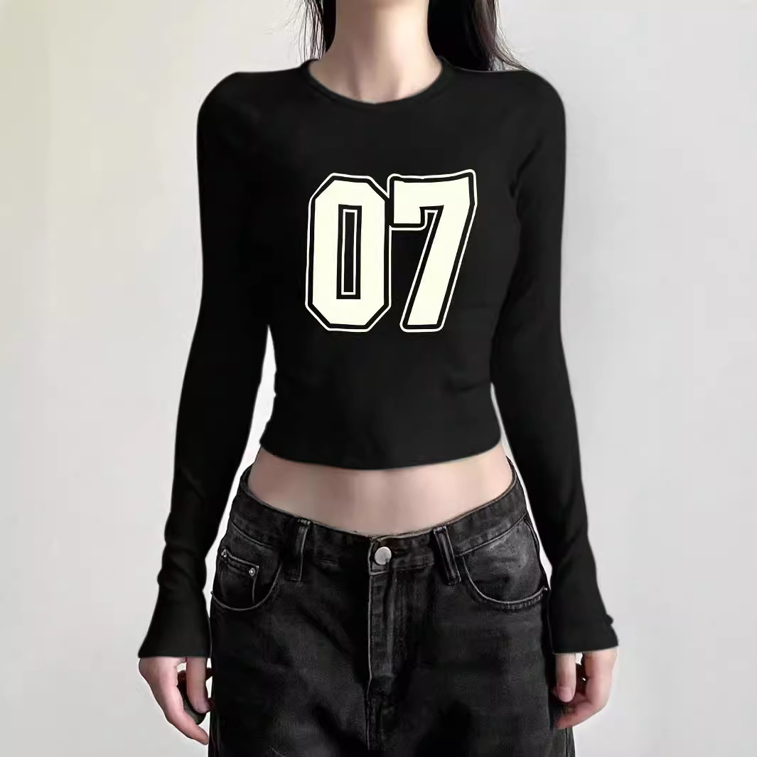 Maxct American Hot Girl round Neck Shoulder Long Sleeve Navel Top Fashion Street Slim Short T-shirt for Women