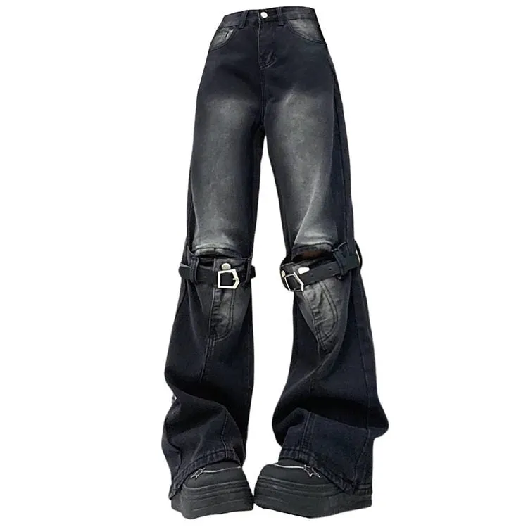 Grunge Aesthetic Knee Buckle Jeans Maxct