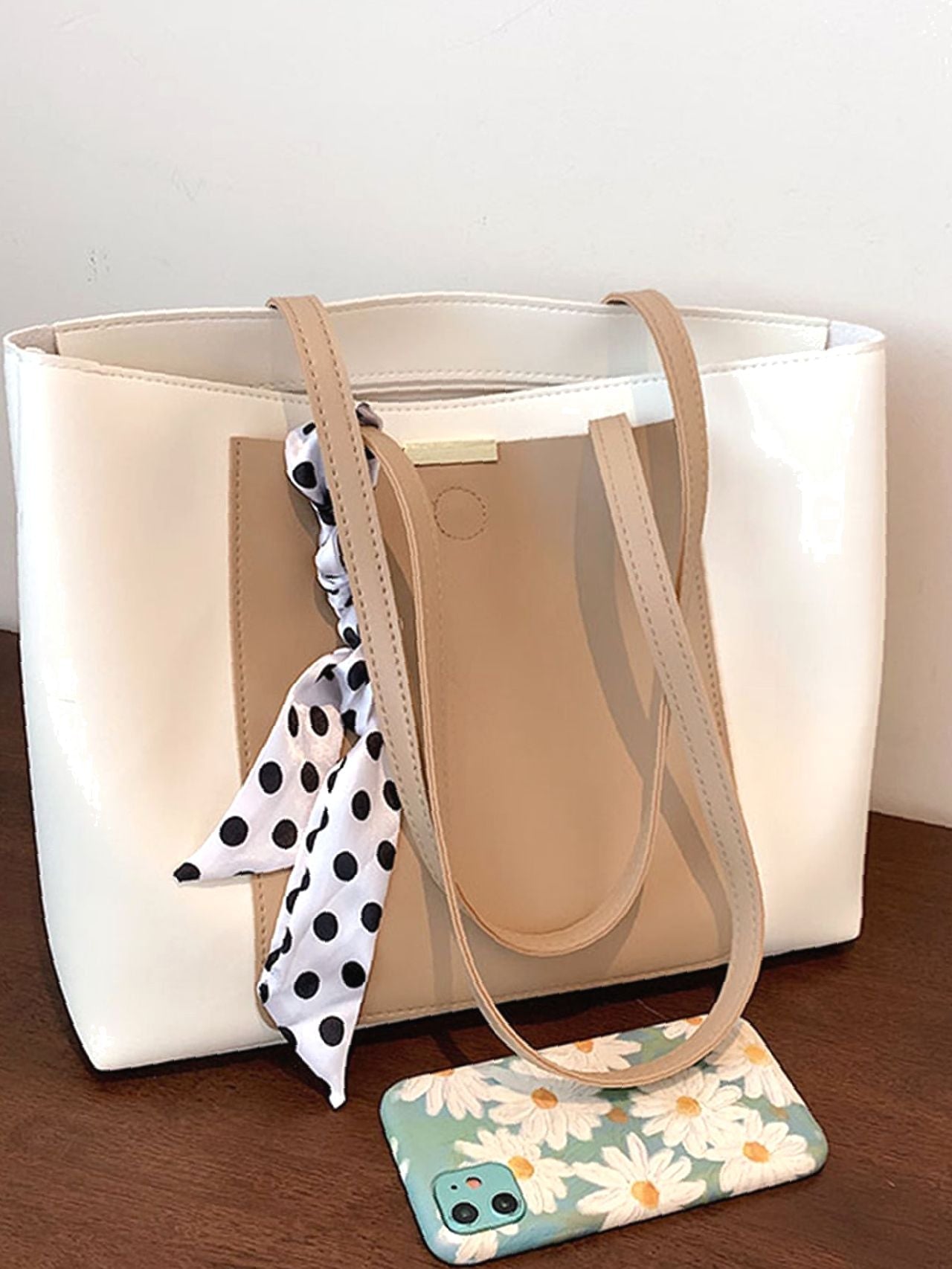 Maxct - Two Tone Scarf Decor Shoulder Tote Bag  - Women Tote Bags
