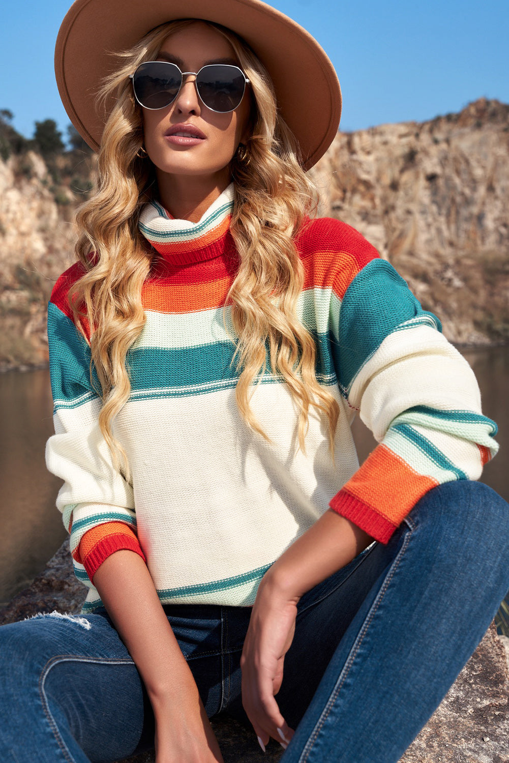 Maxct &Contrast Striped Turtleneck Dropped Shoulder Sweater