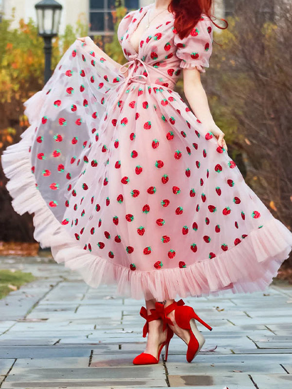 Sequined Strawberry Mesh Pleated Maxi Dress Maxct