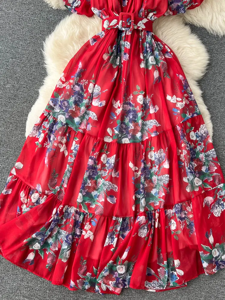 Bohemian Floral Chiffon Long Dress Women Sexy Off Shoulder Ruffle Puff Short Sleeve High Waist A-Line Big Swing Vestidos