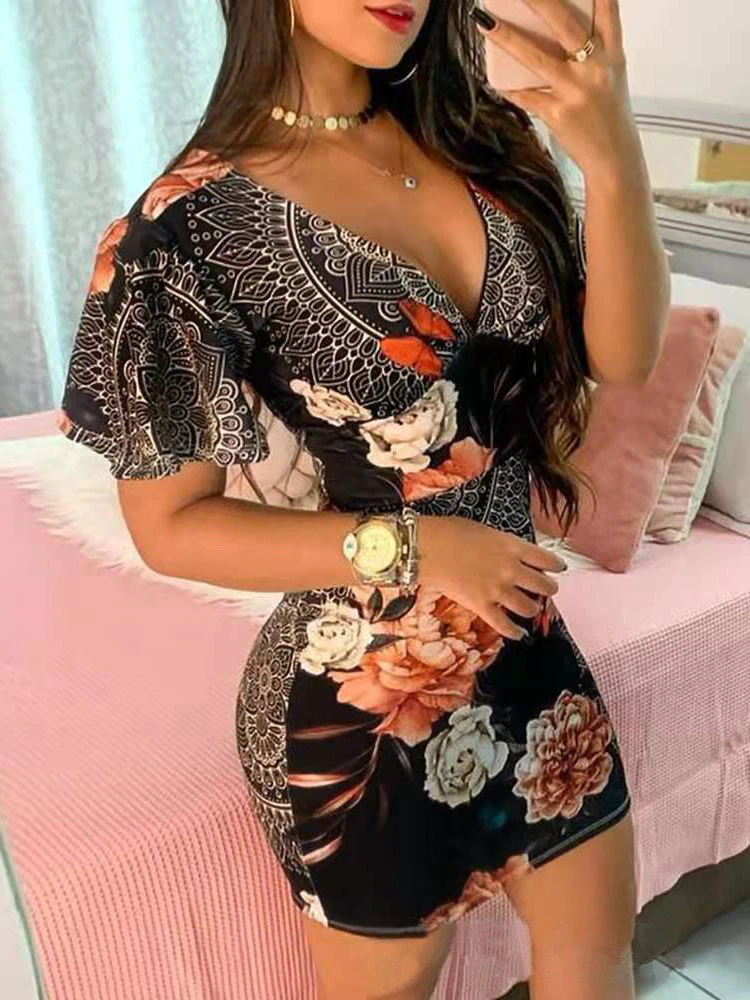 Maxct Women Elegant Dress Vintage Floral Print Ruffles Bodycon Dress for Party Cocktails Casual Mini Dress Vacation Dress