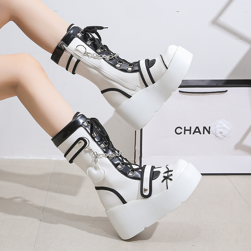 Platform Wedge Women's Boots Black and White Punk Gothic Style - true deals club