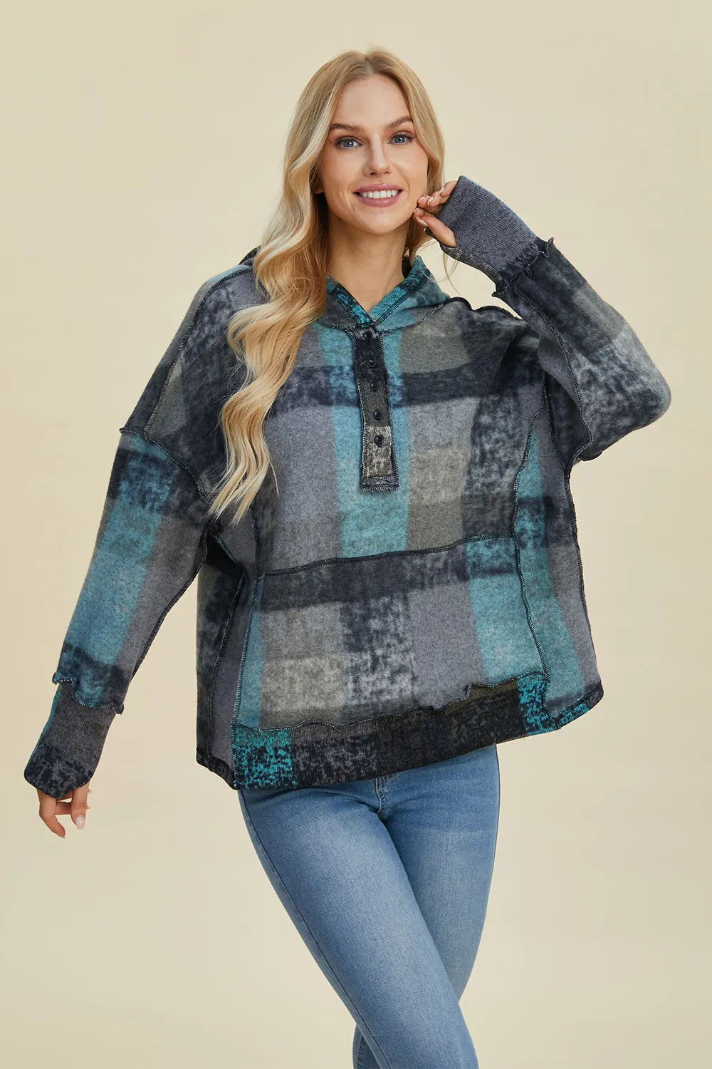 Maxct &Double Take Full Size Plaid Dropped Shoulder Fleece Hoodie