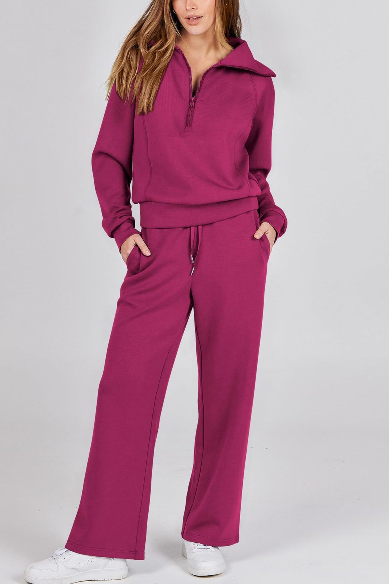 Maxct Lapel Zip-up Sweatshirt Wide Leg Long Pants Set