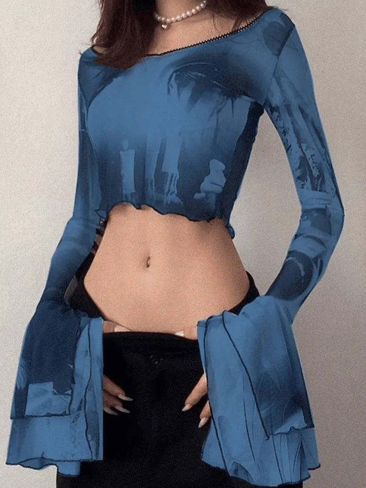 Maxct Cropped Flare Cuffs Mesh Blouse