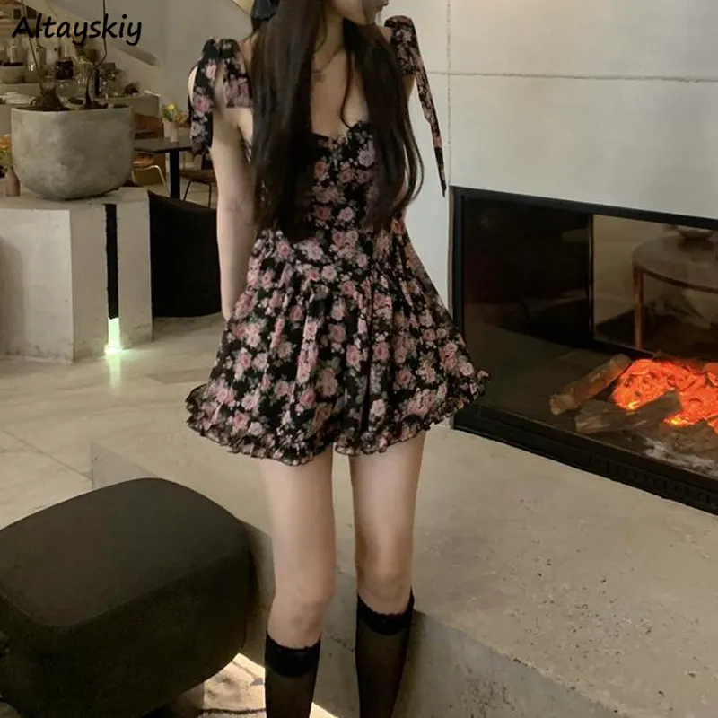 Maxct Women Sleeveless Dresses Floral Above Knee Sweet Hot Trendy Slim Sexy Ruffles Kawaii Elegant Temperament Mujer Retro Bow Teens