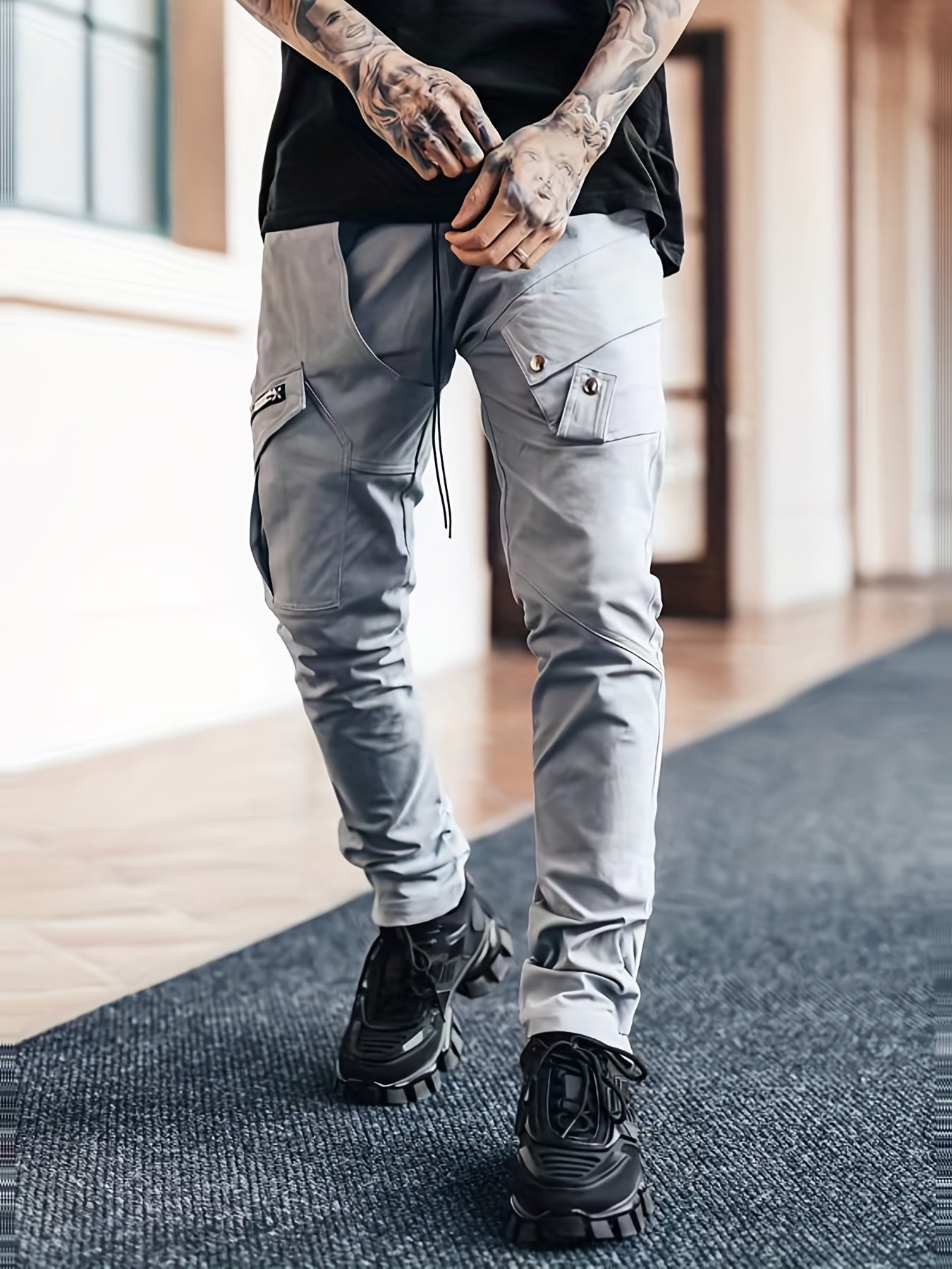 Maxct  Men's Drawstring Cargo Pants, Zip Pocket Slim Fit Trendy Outdoor Pants, Mens Work Pants, Tactical Pants