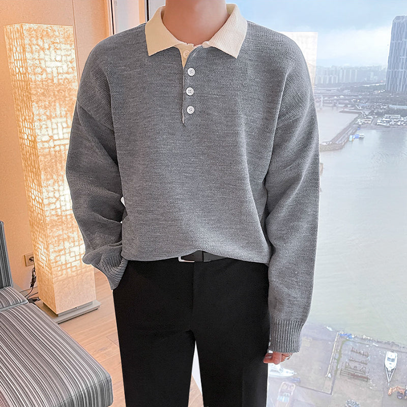 Maxct 5517 Knitted Two-Tone Quarter Button-Up Sweater