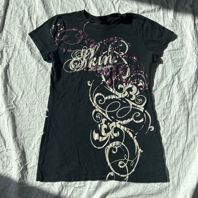 Maxct Cyber Grunge E-girl Gothic Crop Tops Women's T-shirt 00s Retro Graphic Print Short Sleeve Tees Harajuku Japanese Y2K Clothes