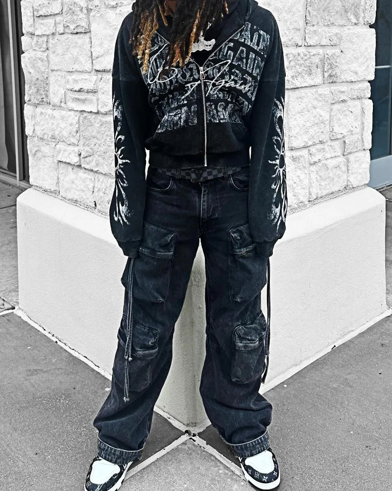 Maxct American Retro Gothic Rock Letter Print Hoodie Men's Y2K Streetwear Harajuku Loose Casual Zipper Sweatshirt Couple Style Clothes