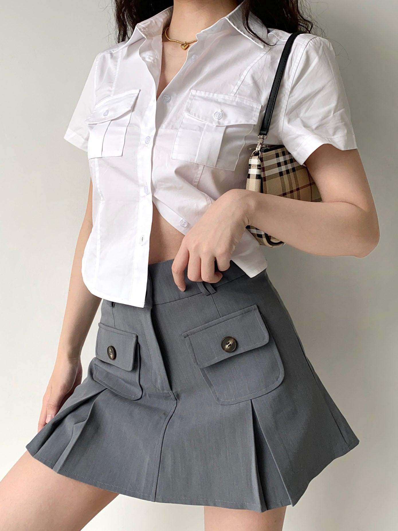 Maxct Vintage Preppy Double Pocket Lapel Short Sleeves Shirt