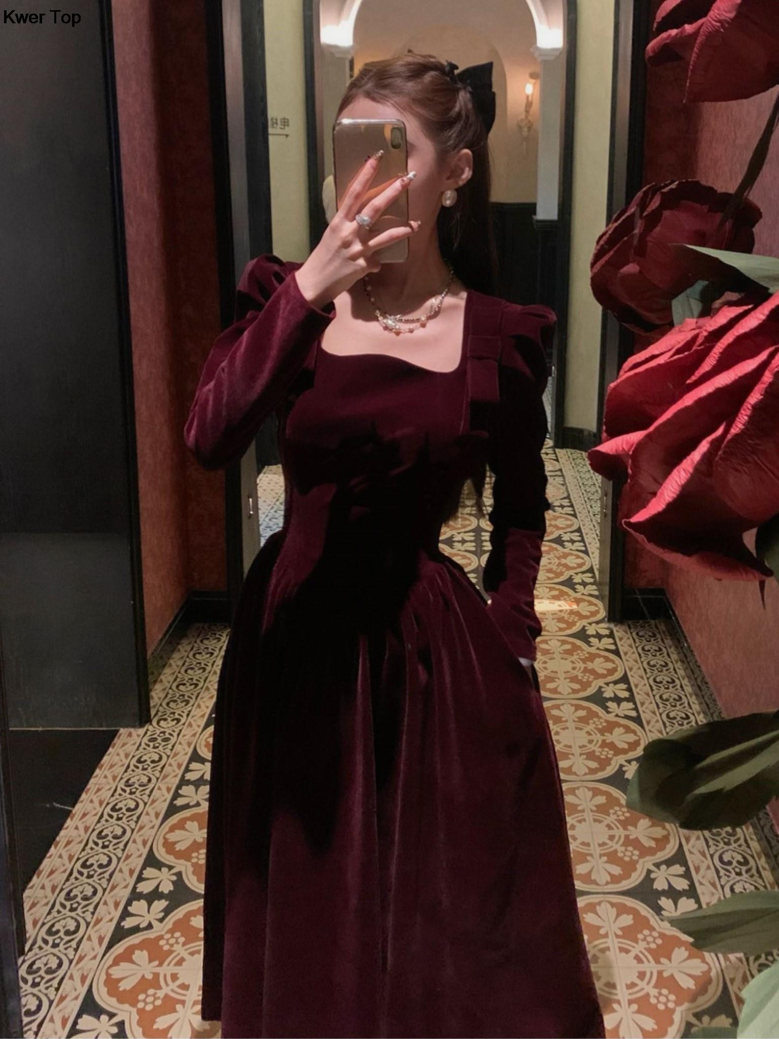 Maxct Winter Vintage Christmas Red Velvet Dress French Elegant Square Collar Evening Party Prom Vestidos Women Clothes