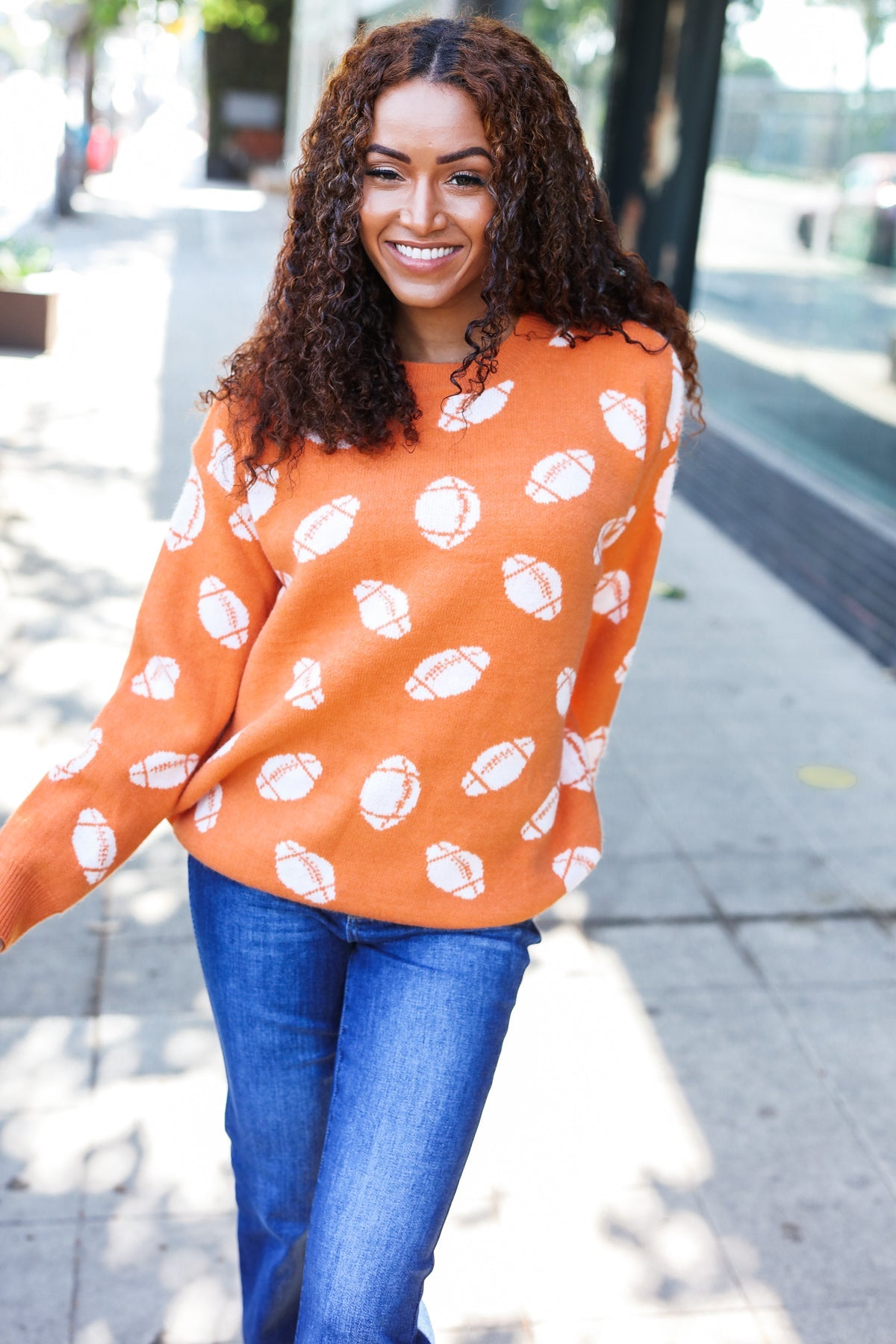 Maxct &Game Day Orange Football Print Jacquard Knit Sweater