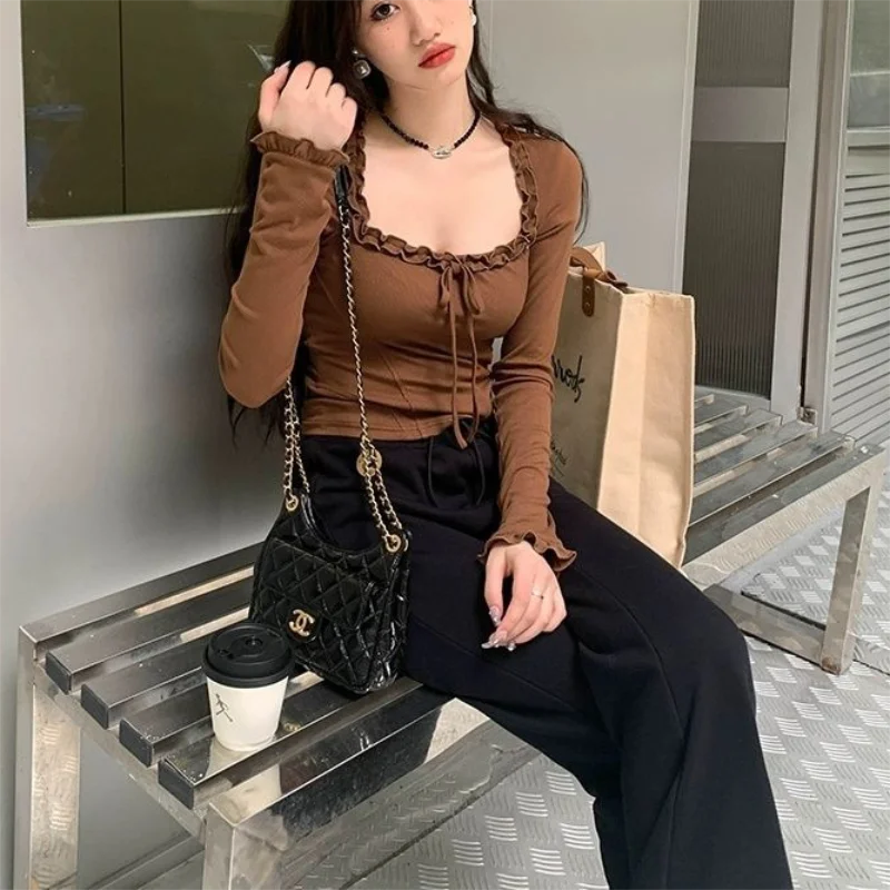 Maxct Square Neck Pleated Sexy Tops Casual Autumn Slim Long Sleeved T-shirt for Women's Ins Fashion Crop Top