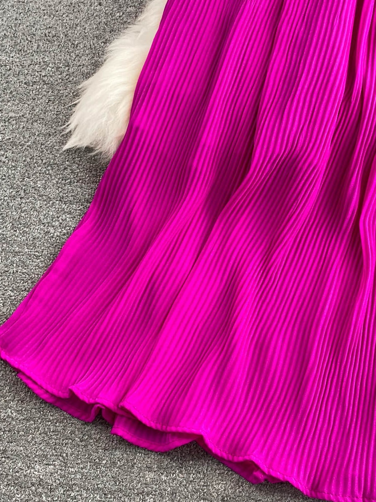 Maxct Women Pleated Midi Dress Purple/Red/White Stand Collar Short Flare Sleeve High Waist A-Line Ruffle Party Vestidos Female
