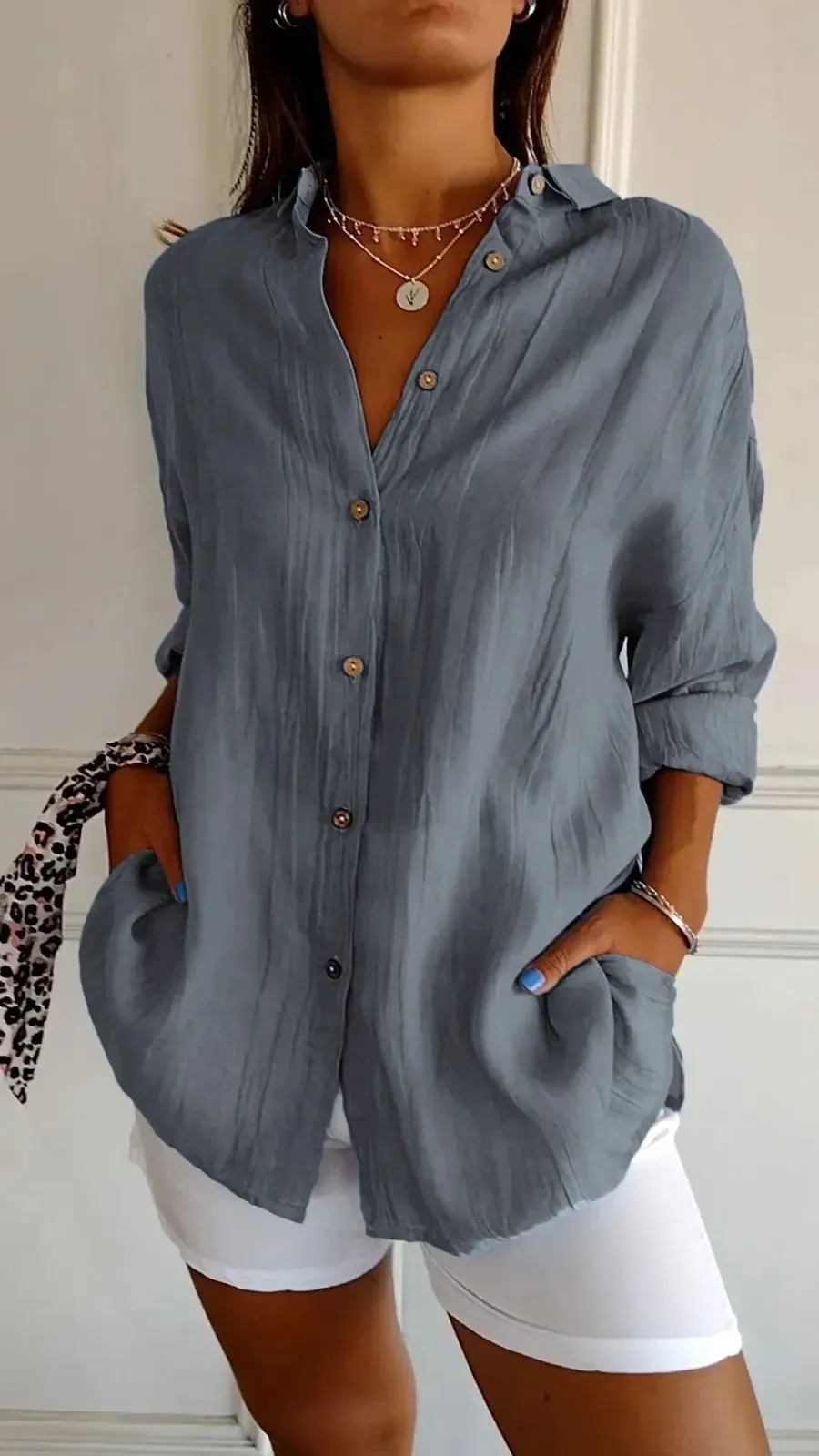 Maxct fashion outfits 2024 Single-Breasted Pleated Lapel Shirt Women's Solid Color Sleeve Top