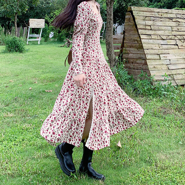 Sweet Floral Corduroy Midi Dress Maxct