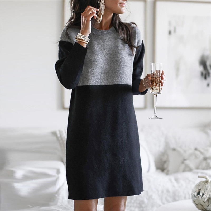 Maxct Autumn Winter Round Neck Vintage Patchwork Knitting Dress Women Loose Casual Straight Dresses Robe Femme Vestidos De Fiesta
